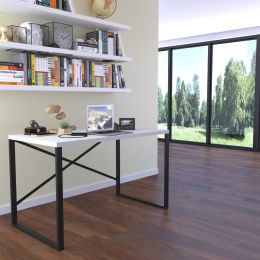 Furnish Home Store Lator Black Metal Frame 35&quot; Wooden Top Small Writing and Computer Desk for Teens Bedroom; White