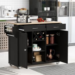 K&amp;K Store Kitchen Island Cart with Two Storage Cabinets and Four Locking Wheels; Wine Rack; Two Drawers; Spice Rack; Towel Rack (Black)