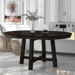 TREXM Farmhouse Round Extendable Dining Table with 16&quot; Leaf Wood Kitchen Table (Espresso)