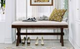 TOPMAX Farmhouse Rustic Wood Kitchen Upholstered Dining Bench; Brown+ Beige